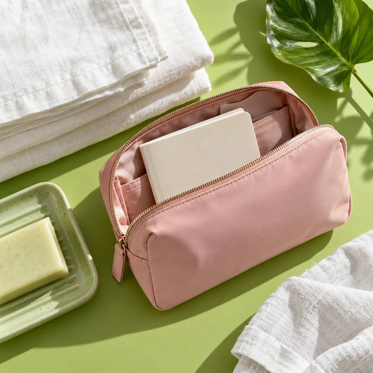 A neatly arranged towel and care items in a softly lit room.