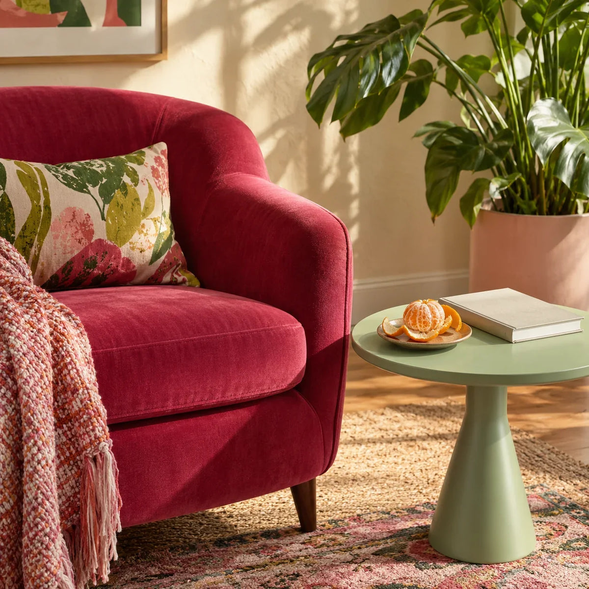 A comfortable chair, flowers and a small table in a warm private corner.